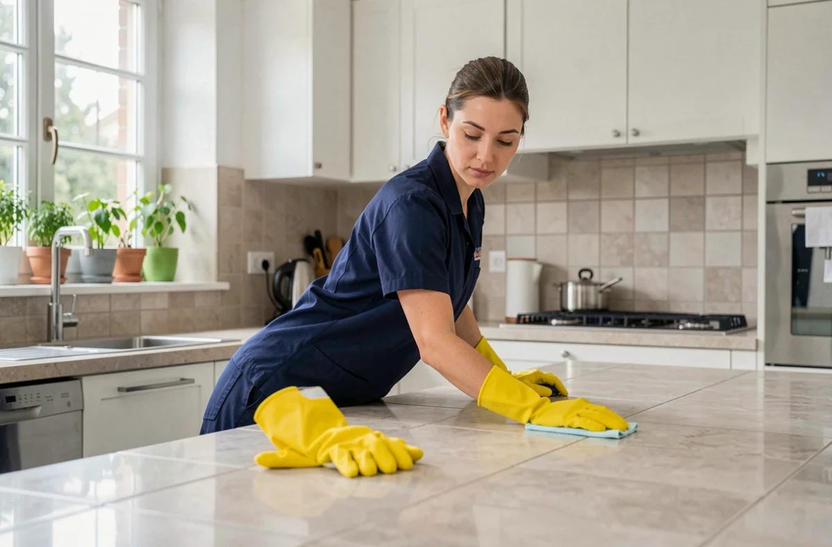 Professionnelle de ménage en uniforme nettoyant une cuisine moderne dans une maison de l'Essonne