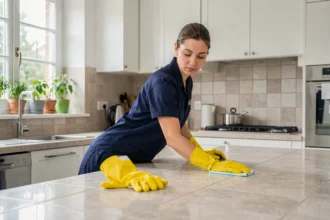 Professionnelle de ménage en uniforme nettoyant une cuisine moderne dans une maison de l'Essonne