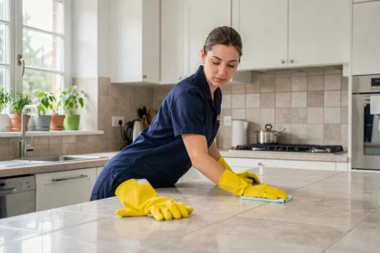 Professionnelle de ménage en uniforme nettoyant une cuisine moderne dans une maison de l'Essonne