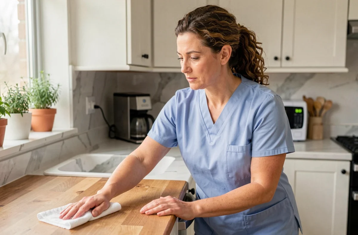 Femme de ménage professionnelle en uniforme bleu nettoyant un plan de travail dans une cuisine moderne