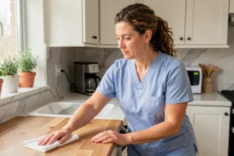 Femme de ménage professionnelle en uniforme bleu nettoyant un plan de travail dans une cuisine moderne