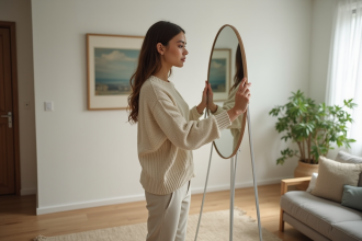 Jeune femme ajustant un miroir dans un salon moderne