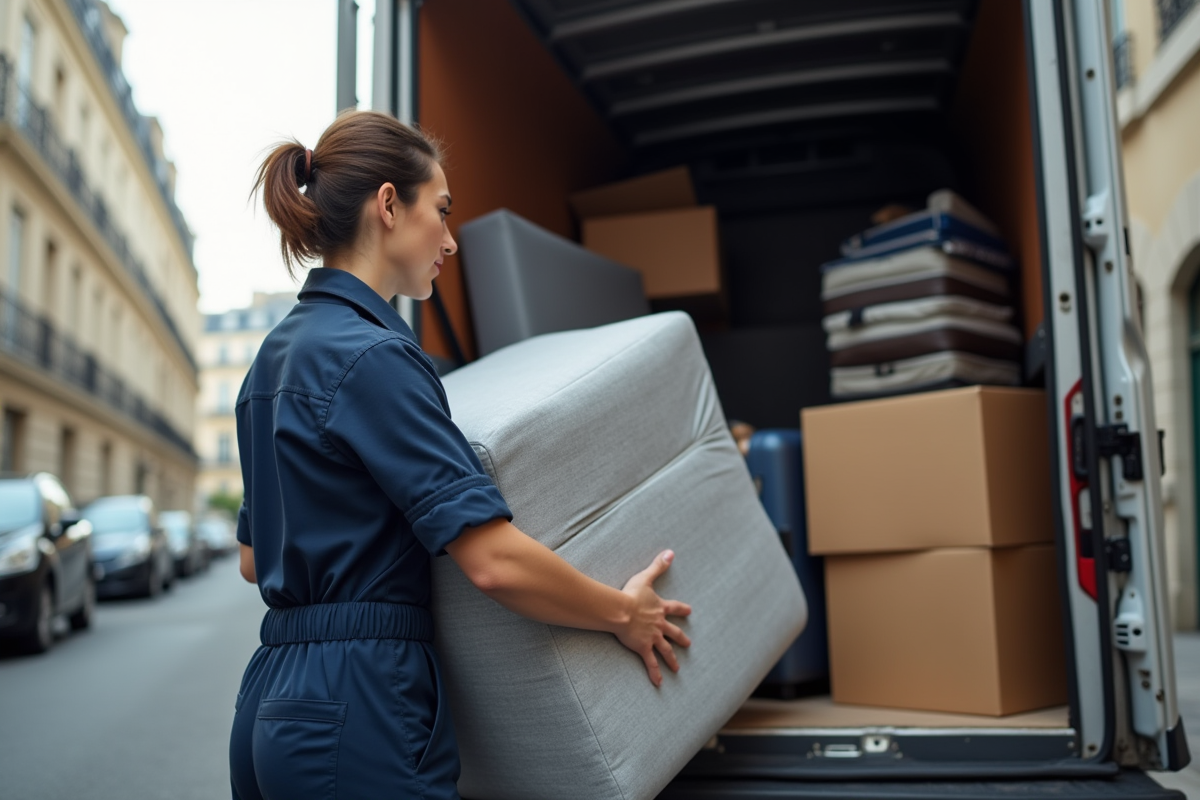Femme professionnelle soulevant un fauteuil dans une rue parisienne