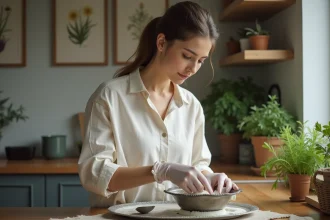 Jeune femme nettoyant un plateau en argent avec douceur