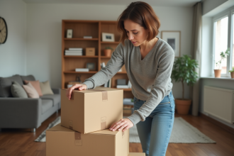 Femme organisant des cartons dans un salon moderne