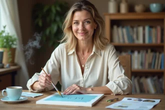 Femme adulte concentrée pratiquant le paint by numbers à une table en bois, pinceau à la main, ambiance apaisante et créative à la maison