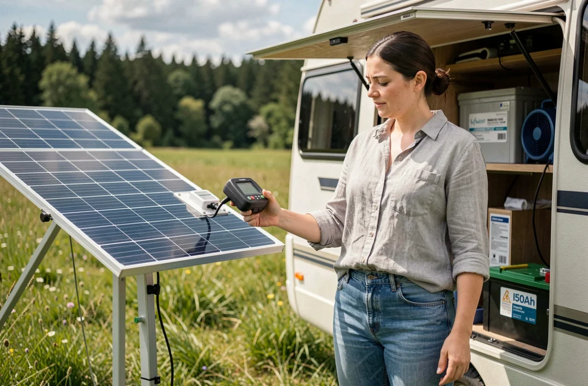 Femme vérifiant le chargeur de batterie 12V 150Ah alimenté par panneau solaire sur un van aménagé en pleine nature
