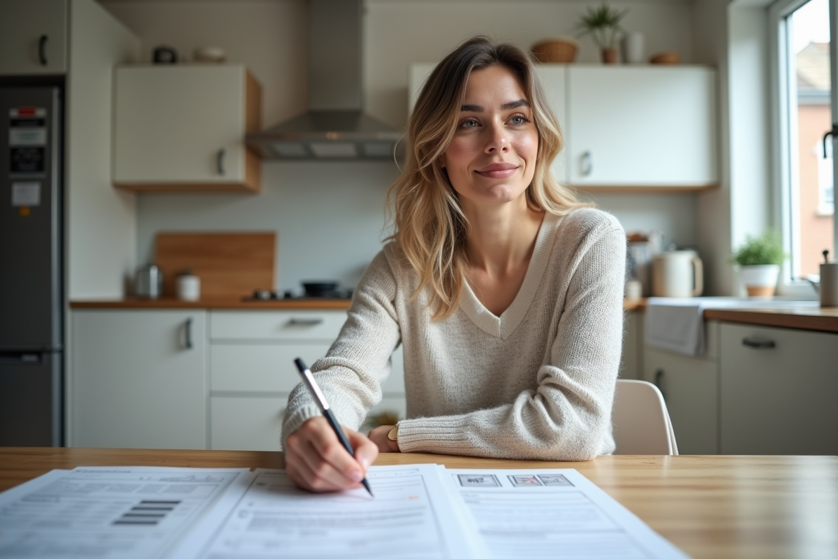 Jeune femme au intérieur en train de remplir des papiers