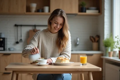 Jeune femme servissant le petit déjeuner dans une cuisine chaleureuse