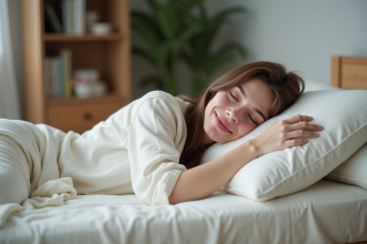 Jeune femme en pyjamas confortables sur un matelas moderne