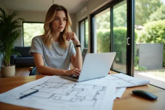 Jeune femme planifiant rénovation dans maison écologique
