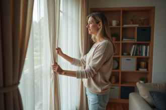 Femme détendue tirant des rideaux dans un salon moderne