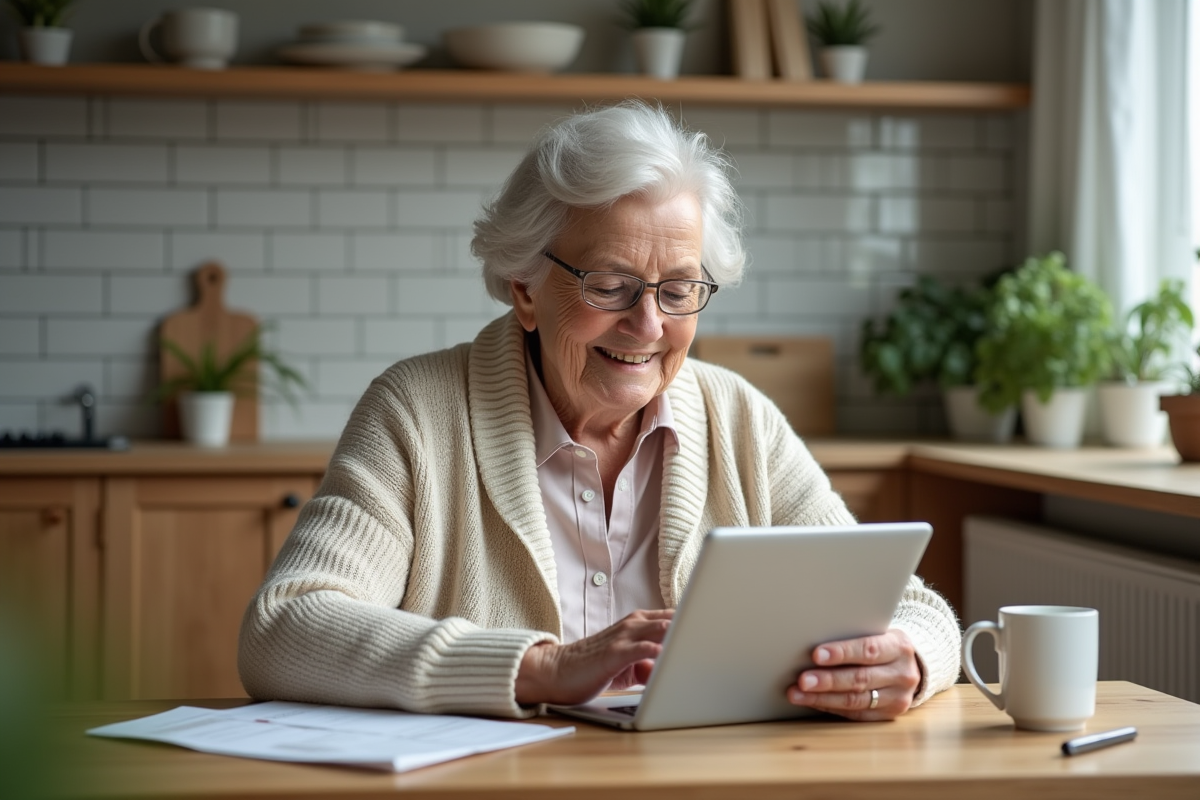 Femme âgée consulte un formulaire de paiement sur tablette