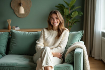 Femme assise sur un canapé vert en salon moderne