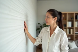 Femme examinant la texture du papier peint blanc dans un salon moderne