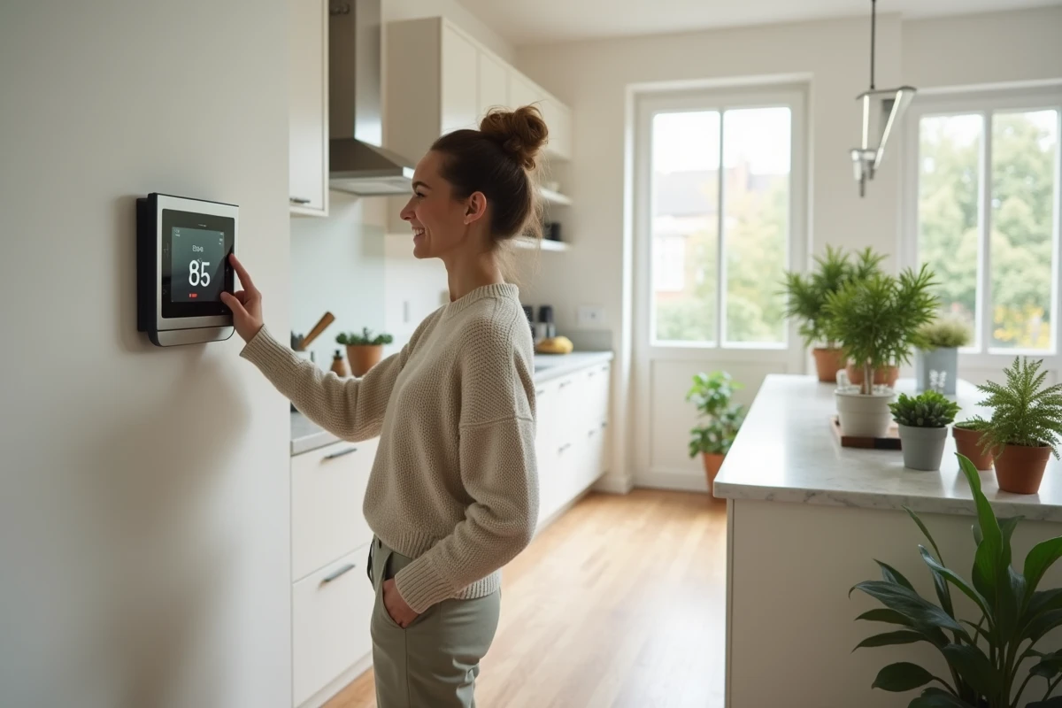 Jeune femme utilise un thermostat intelligent dans une cuisine lumineuse