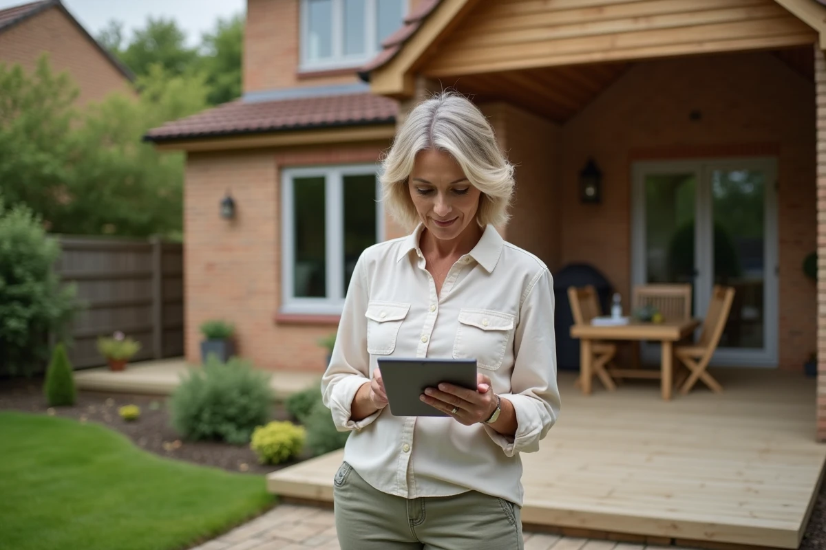 Femme utilisant tablette devant veranda et jardin