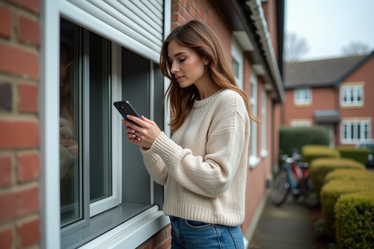 Jeune femme vérifiant un volet roulant extérieur devant sa maison