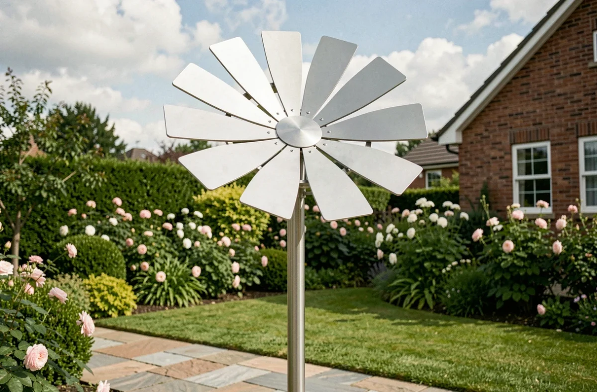 Fleur solaire installée dans un jardin résidentiel avec des panneaux photovoltaïques en forme de pétales sur un mât métallique