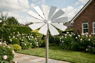 Fleur solaire installée dans un jardin résidentiel avec des panneaux photovoltaïques en forme de pétales sur un mât métallique