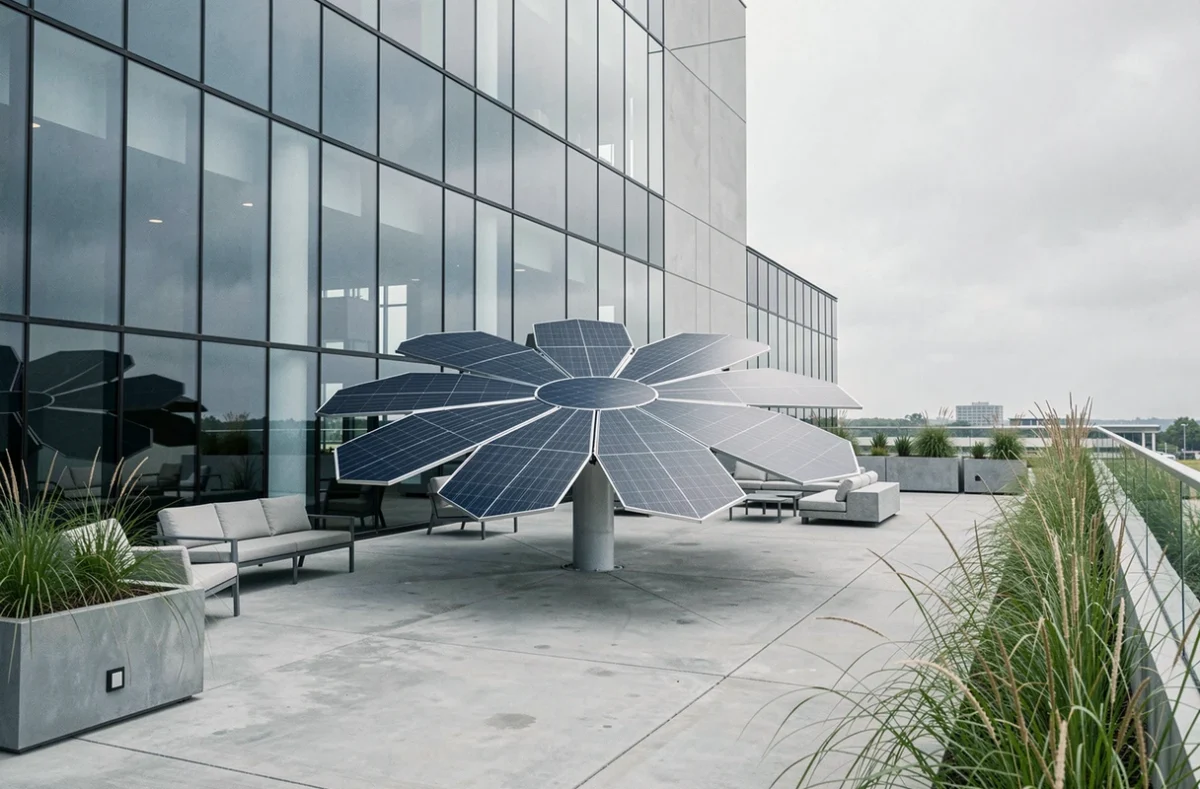 Fleur solaire installée sur la terrasse d'un bâtiment de bureaux moderne avec architecture contemporaine en verre et béton