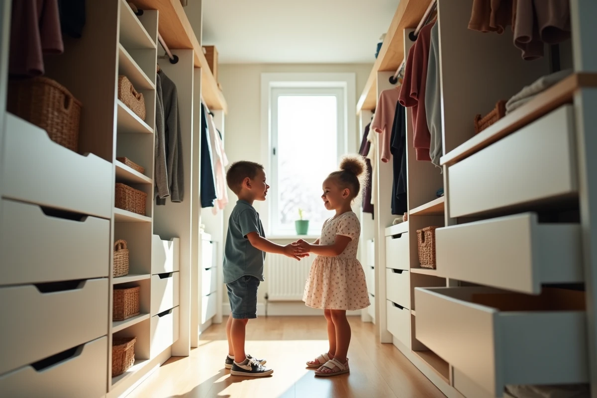 Deux enfants organisant leur placard dans un couloir lumineux