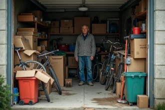Garage encombré avec boxes, vieux vélos et meubles cassés à Pontivy, propriétaire évaluant le désordre