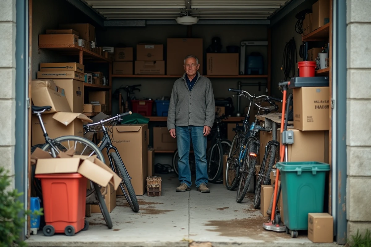 Garage encombré avec boxes, vieux vélos et meubles cassés à Pontivy, propriétaire évaluant le désordre