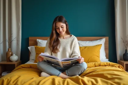 Couette aux teintes vertes et bleu canard sur un lit élégant