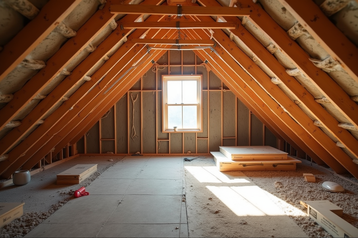 Grenier en rénovation avec isolation et outils de construction