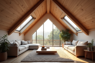 Espace de vie dans un grenier rénové avec poutres en bois et lumière naturelle