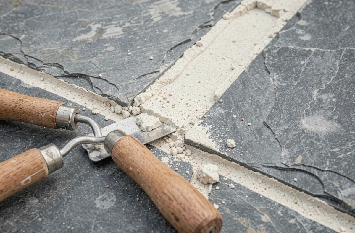 Gros plan sur un joint en chaux sable fraîchement appliqué entre deux dalles de pierre naturelle sur une terrasse extérieure
