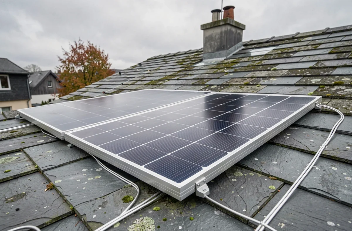 Gros plan sur des panneaux solaires installés sur une toiture en ardoise d'une maison résidentielle