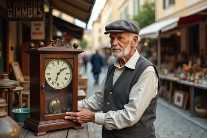 Homme age examine une horloge ancienne en brocante