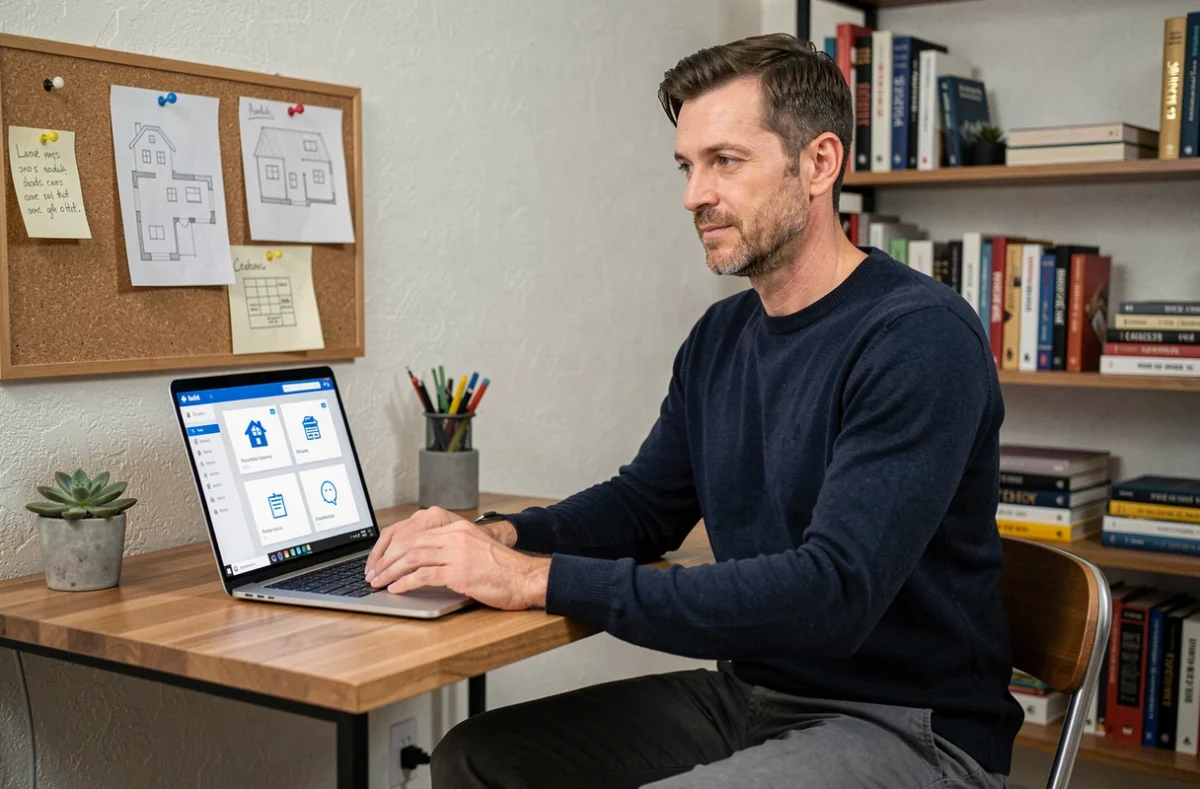 Homme travaillant sur une application de gestion de maison et bien-être depuis son bureau à domicile organisé