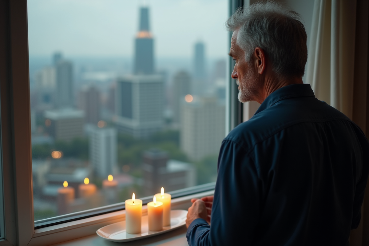Homme regardant des bougies allumées avec vue urbaine en arrière-plan