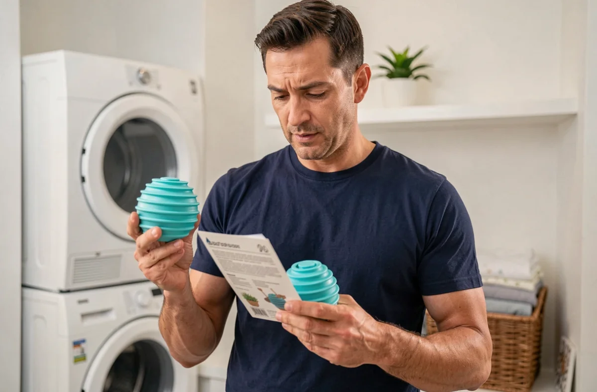 Homme tenant une boule de lavage et lisant les instructions avant d'utiliser le lave-linge