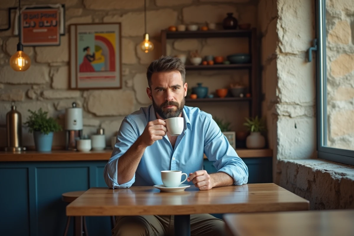 Homme buvant un café dans un café charmant à la porte bleue