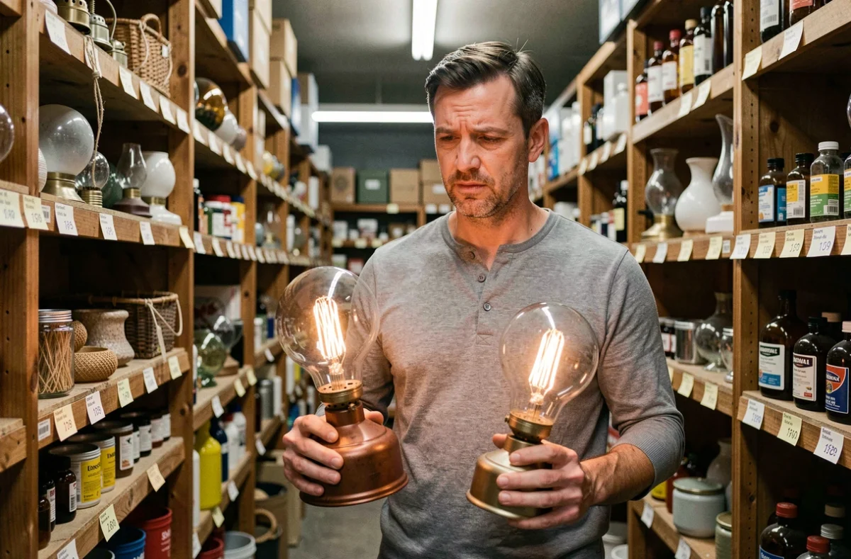 Homme comparant deux lampes à pétrole dans une quincaillerie, erreurs courantes lors de l'achat d'une lampe à huile pour débutants