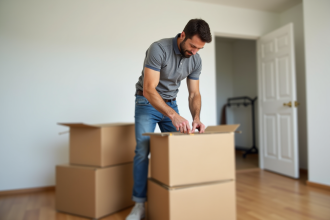 Homme en train d'emballer un carton dans un salon lumineux