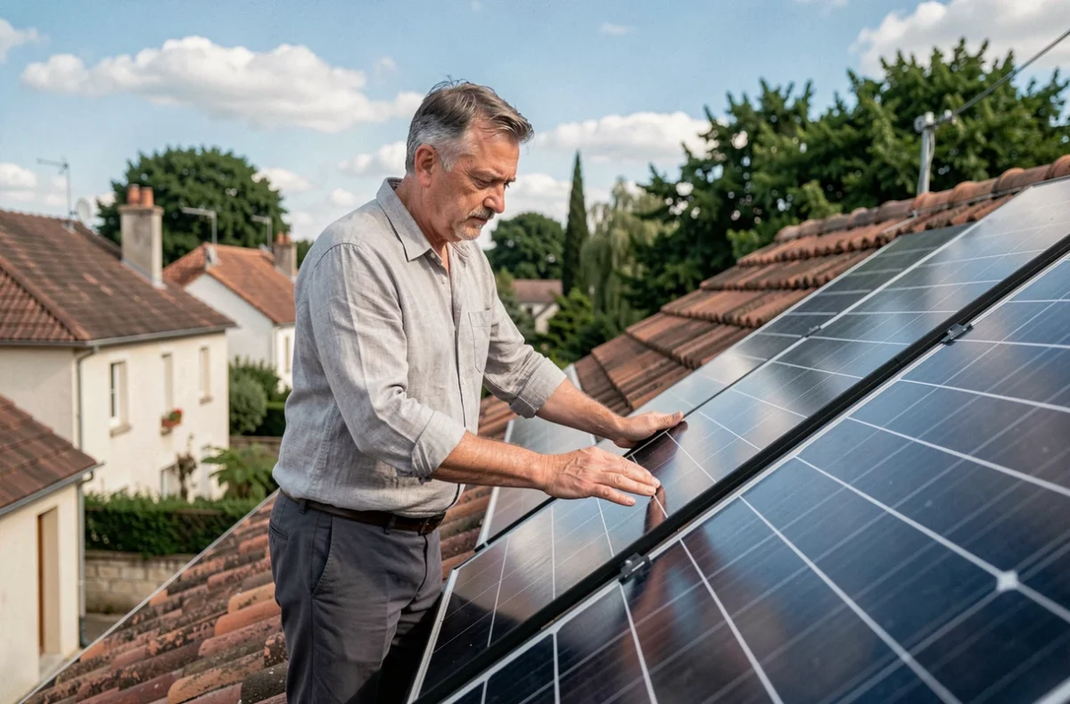 Un homme d'une cinquantaine d'années examine des panneaux solaires installés sur le toit de sa maison individuelle en banlieue