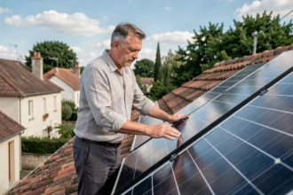 Un homme d'une cinquantaine d'années examine des panneaux solaires installés sur le toit de sa maison individuelle en banlieue