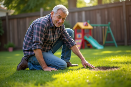 Homme d'âge moyen examine un gazon jaunit dans son jardin