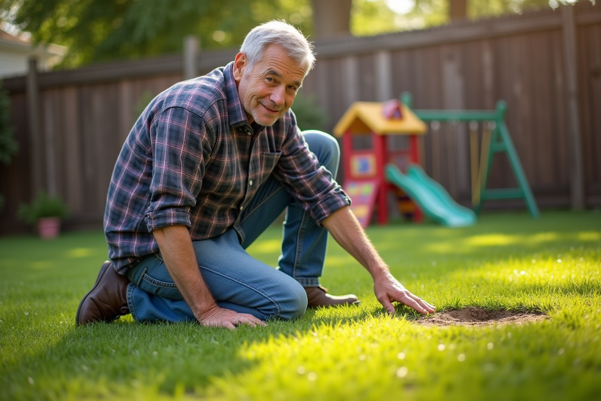 Homme d'âge moyen examine un gazon jaunit dans son jardin