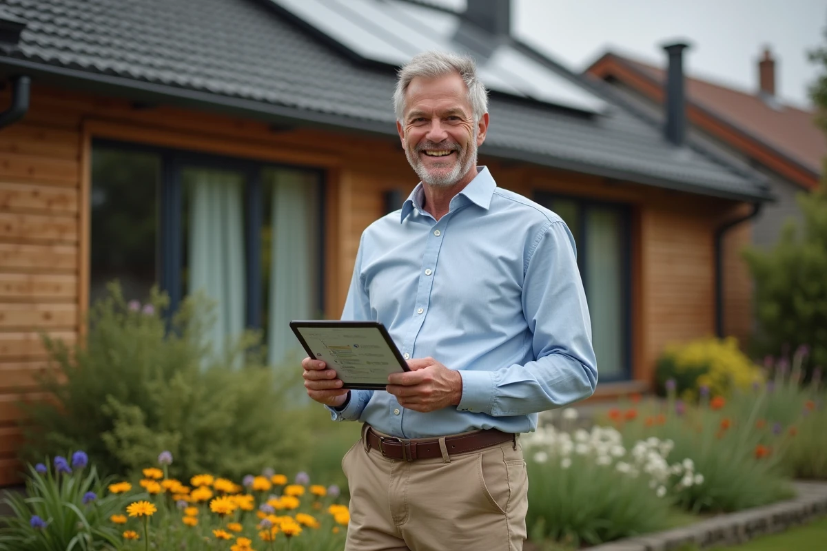 Homme souriant avec tablette devant maison durable