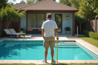 Homme mesurant une piscine dans un jardin en été