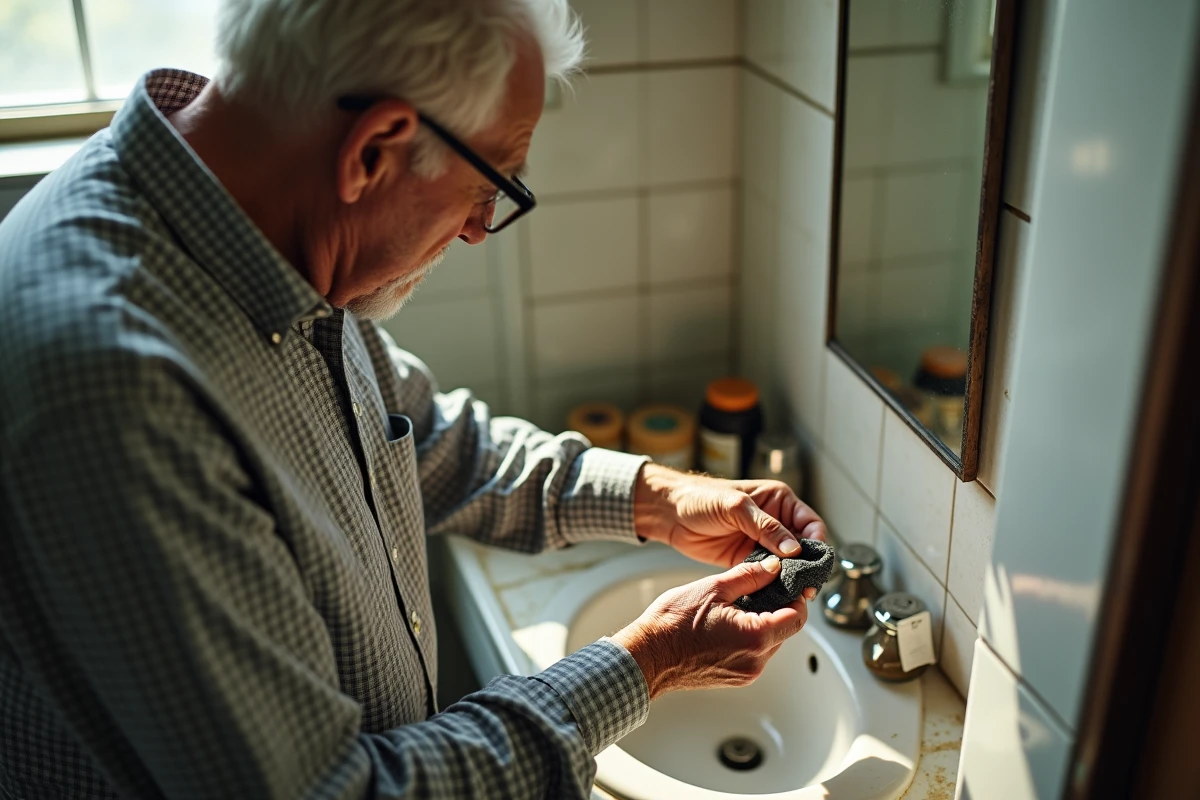 Homme nettoyant un bracelet en argent dans une salle de bain lumineuse