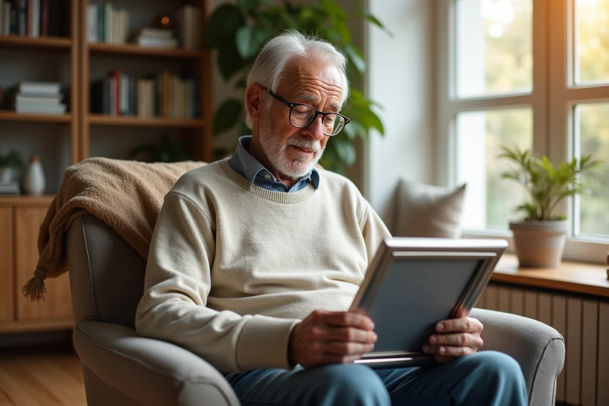 Homme âgé examinant un cadre en argent restauré