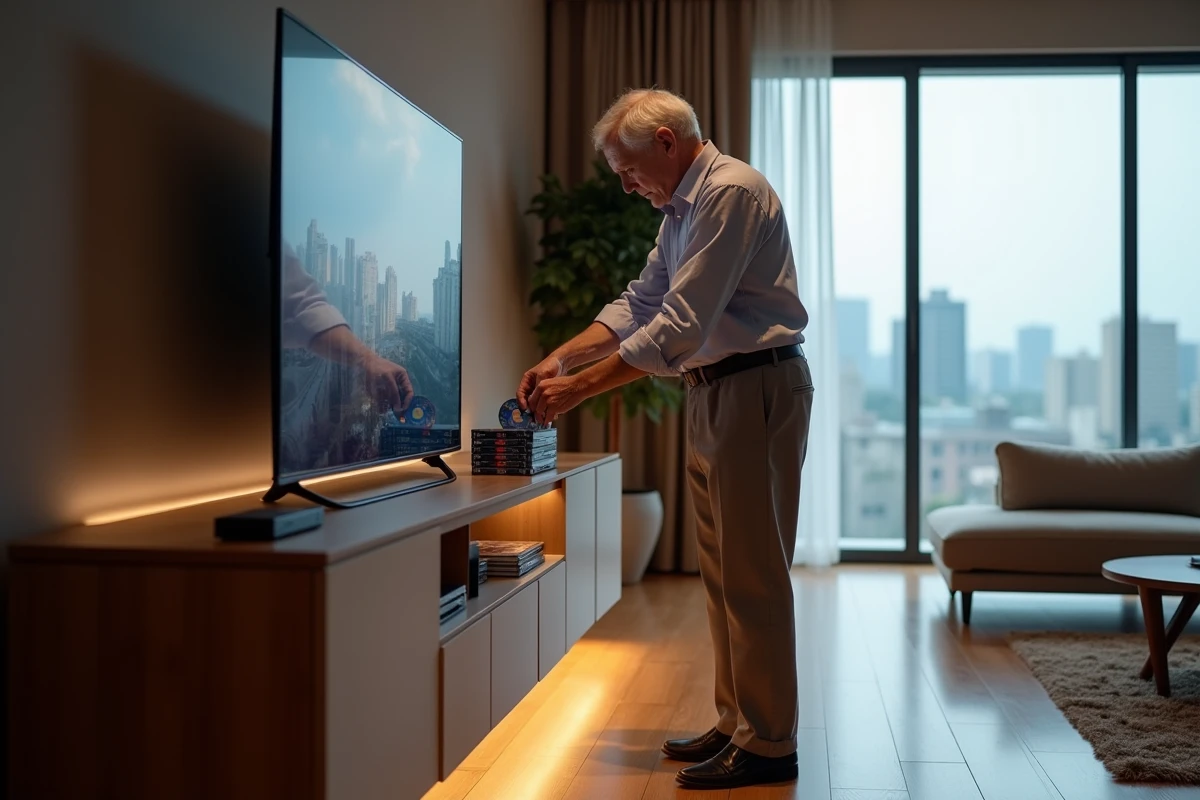 Homme âgé rangeant des disques Bluray dans un meuble