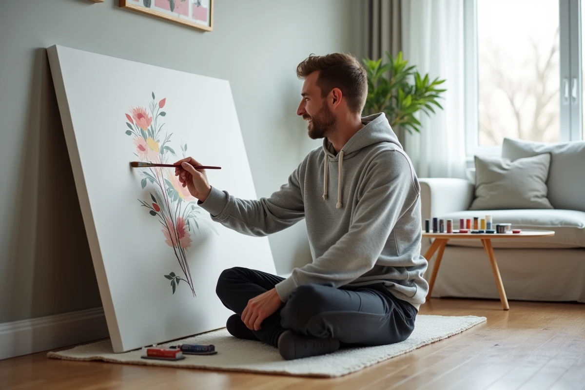 Homme adulte assis sur le sol pratiquant le paint by numbers sur une grande toile florale dans un salon scandinave minimaliste